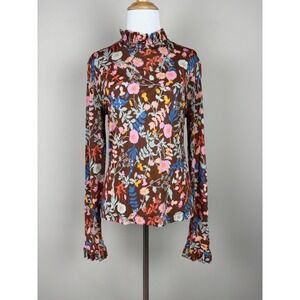 Stine Goya Top Womens Small Brown Pink Floral Ruffle Neck Manilla Revolve‎ Retro